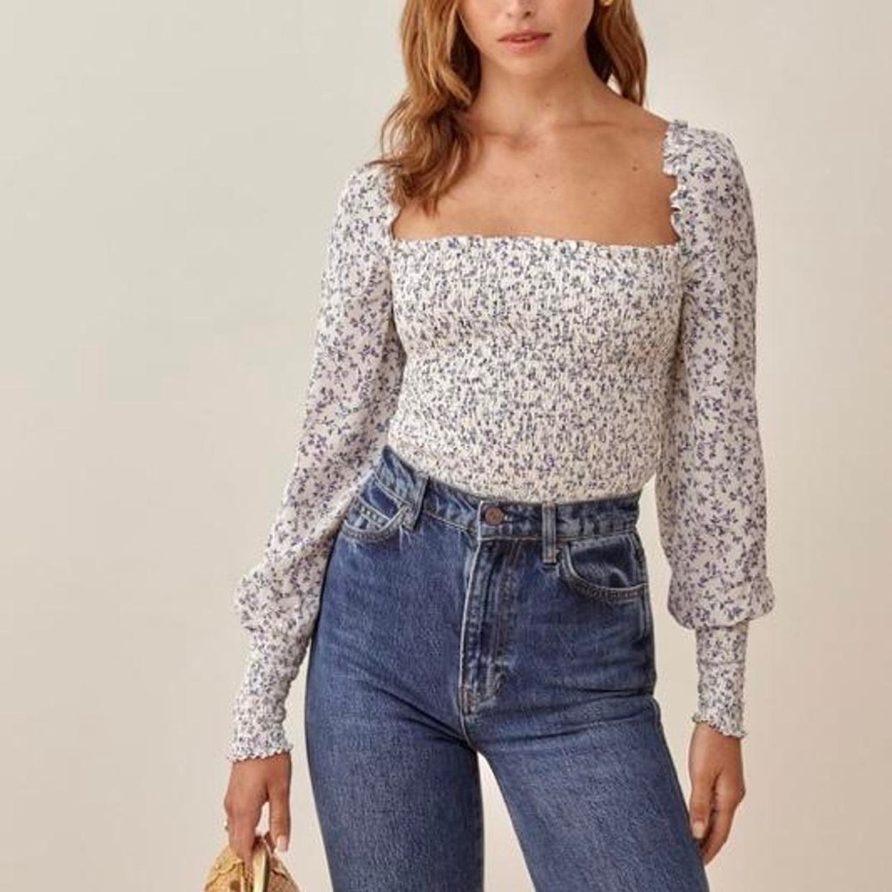 Reformation Pinto Top Blue Floral Smocked Milkmaid Long Sleeve Blouse Size L
